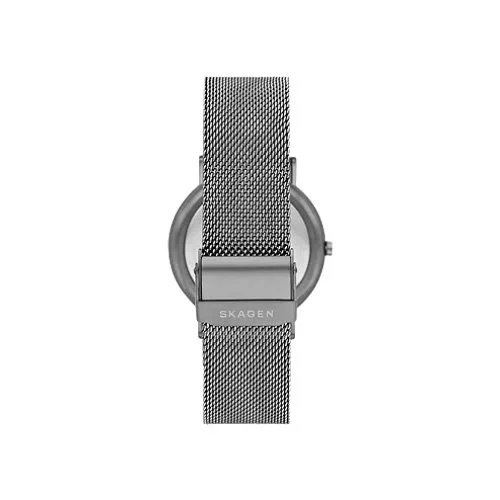 Three hand quartz watch with gray stainless steel mesh bracelet
