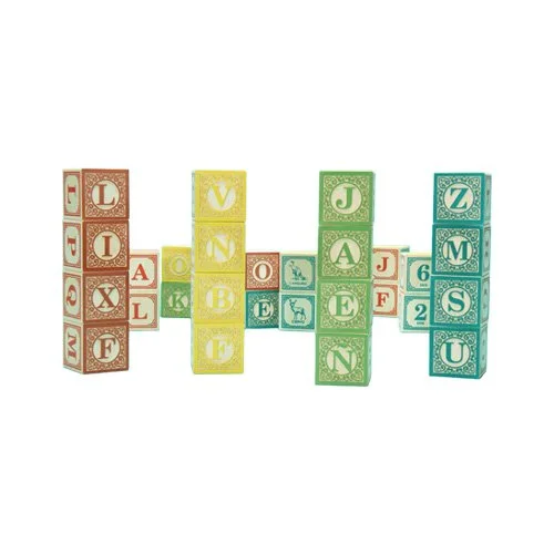 Sustainably crafted basswood blocks featuring bold typographic graphics for contemporary children’s spaces.
