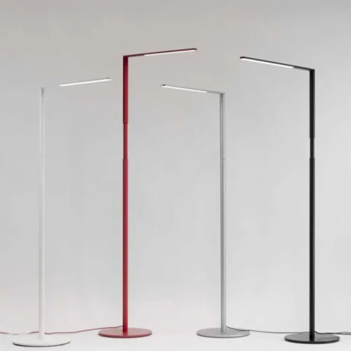 Modern adjustable floor lamp in Matte Red aluminum featuring touch dimmer and USB port.