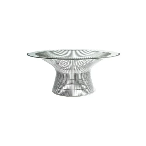 Platner Coffee Table with polished nickel base and clear glass top.