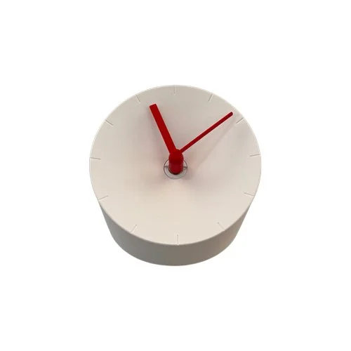 Mosery Corner Clock in White with Red Hands designed for compact spaces.