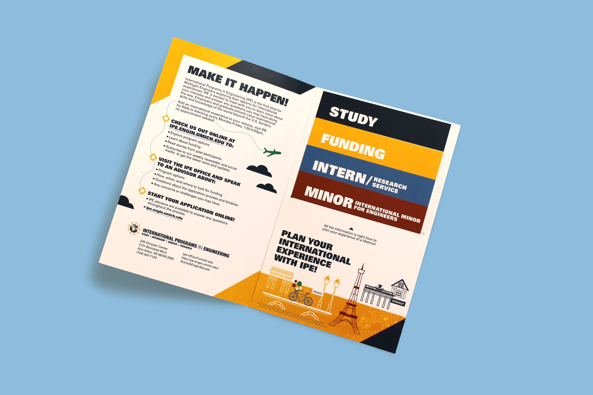 Created a folder containing four cards—designed in various heights—to be inserted into a die cut for an easy and organized presentation of all the information about the programs.