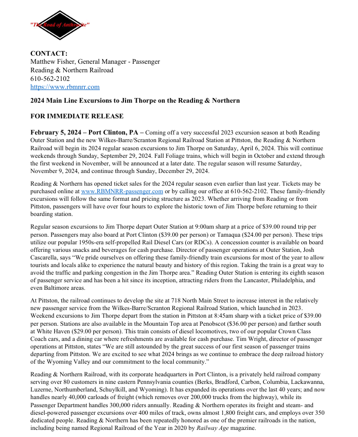 2024 Main Line Excursions to Jim Thorpe on the Reading &amp; Northern