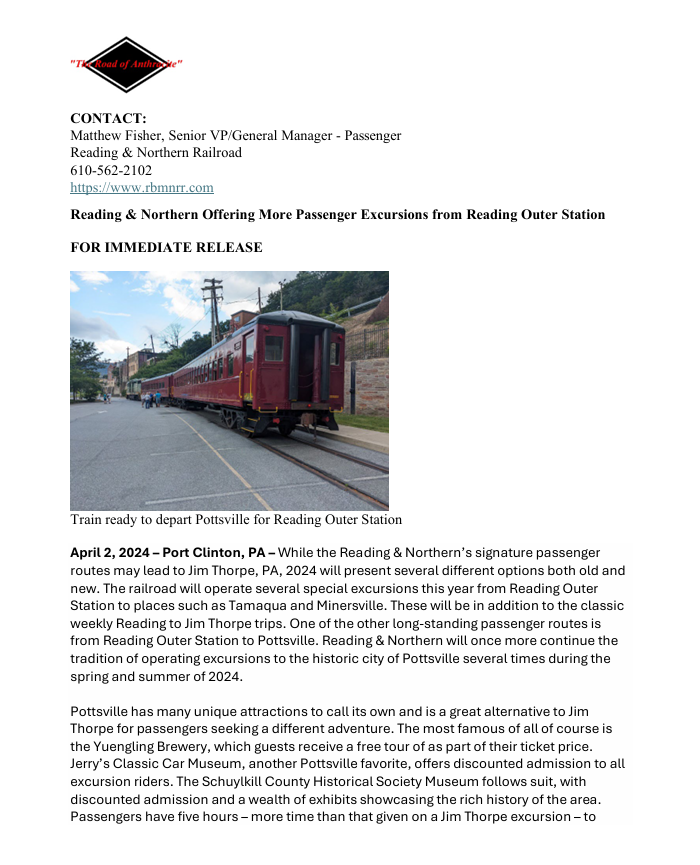 Reading &amp; Northern Offering More Passenger Excursions from Reading Outer Station