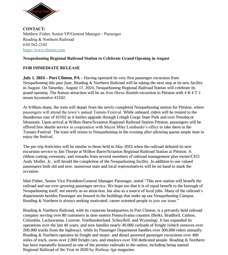 Nesquehoning Regional Railroad Station to Celebrate Grand Opening in August 