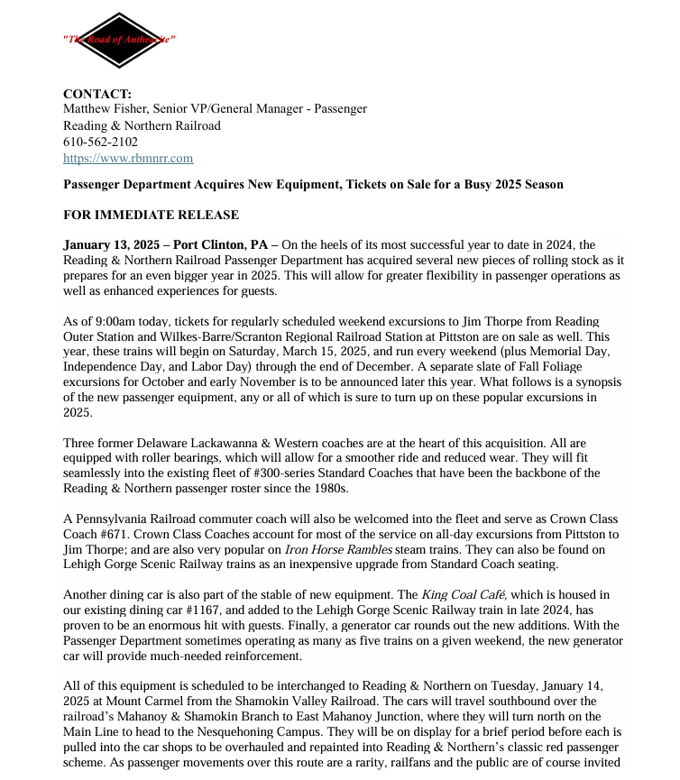 Passenger Department Acquires New Equipment, Tickets on Sale for a Busy 2025 Season