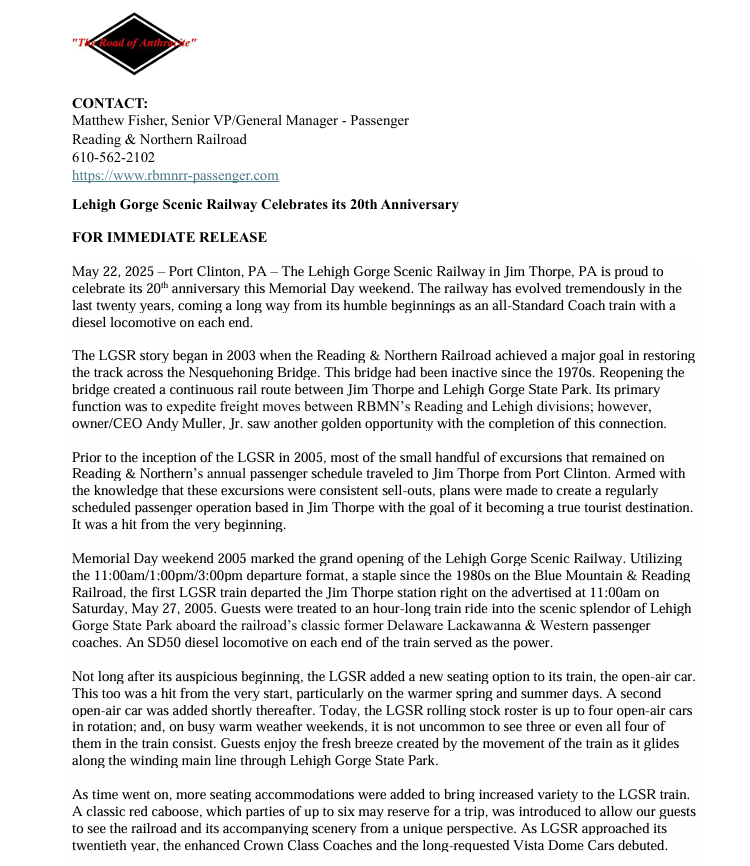 Lehigh Gorge Scenic Railway Celebrates its 20th Anniversary
