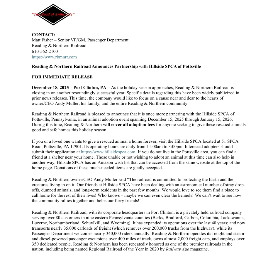 Reading &amp; Northern Railroad Announces Partnership with Hillside SPCA of Pottsville 