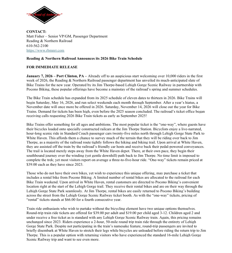 Reading &amp; Northern Railroad Announces its 2026 Bike Train Schedule 