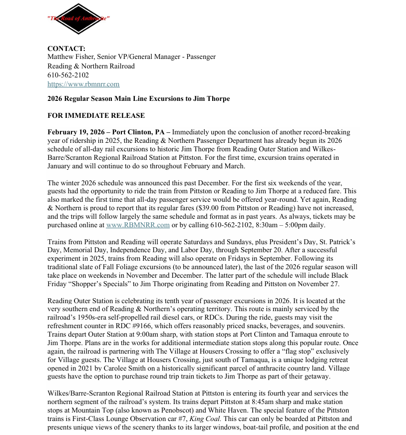 2026 Regular Season Main Line Excursions to Jim Thorpe