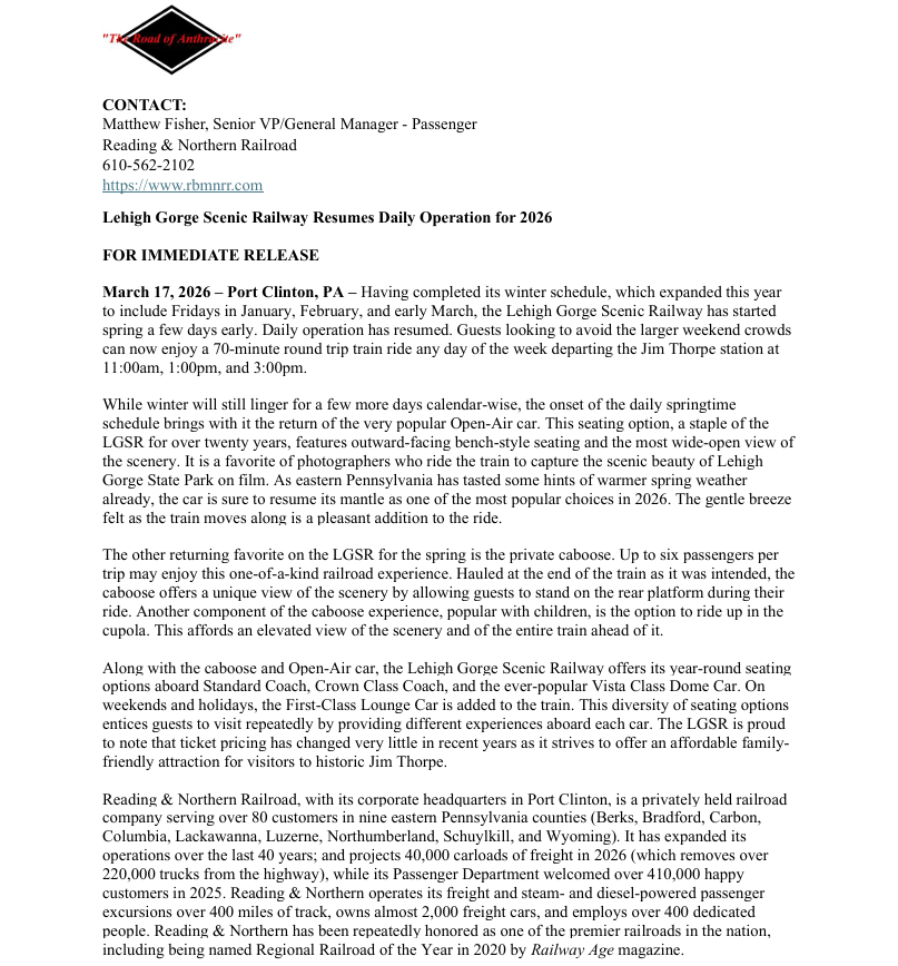 Lehigh Gorge Scenic Railway Resumes Daily Operation for 2026