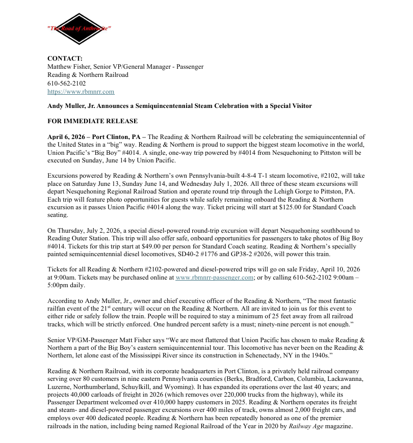 Andy Muller, Jr. Announces a Semiquincentennial Steam Celebration with a Special Visitor 