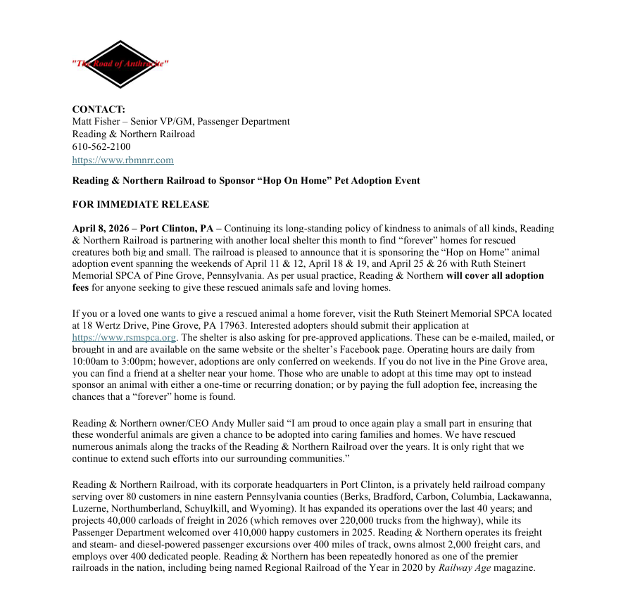 Reading &amp; Northern Railroad to Sponsor “Hop On Home” Pet Adoption Event