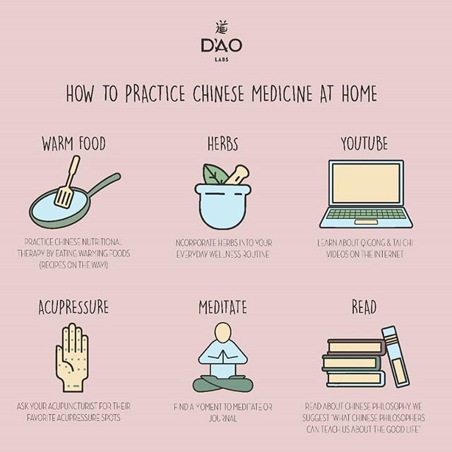 We miss you and hope you're all staying safe + healthy at home. Here is a great infographic from @daolabs on how you can be integrating Chinese medicine into your daily lives. Is there anything we can be doing to help you currently?