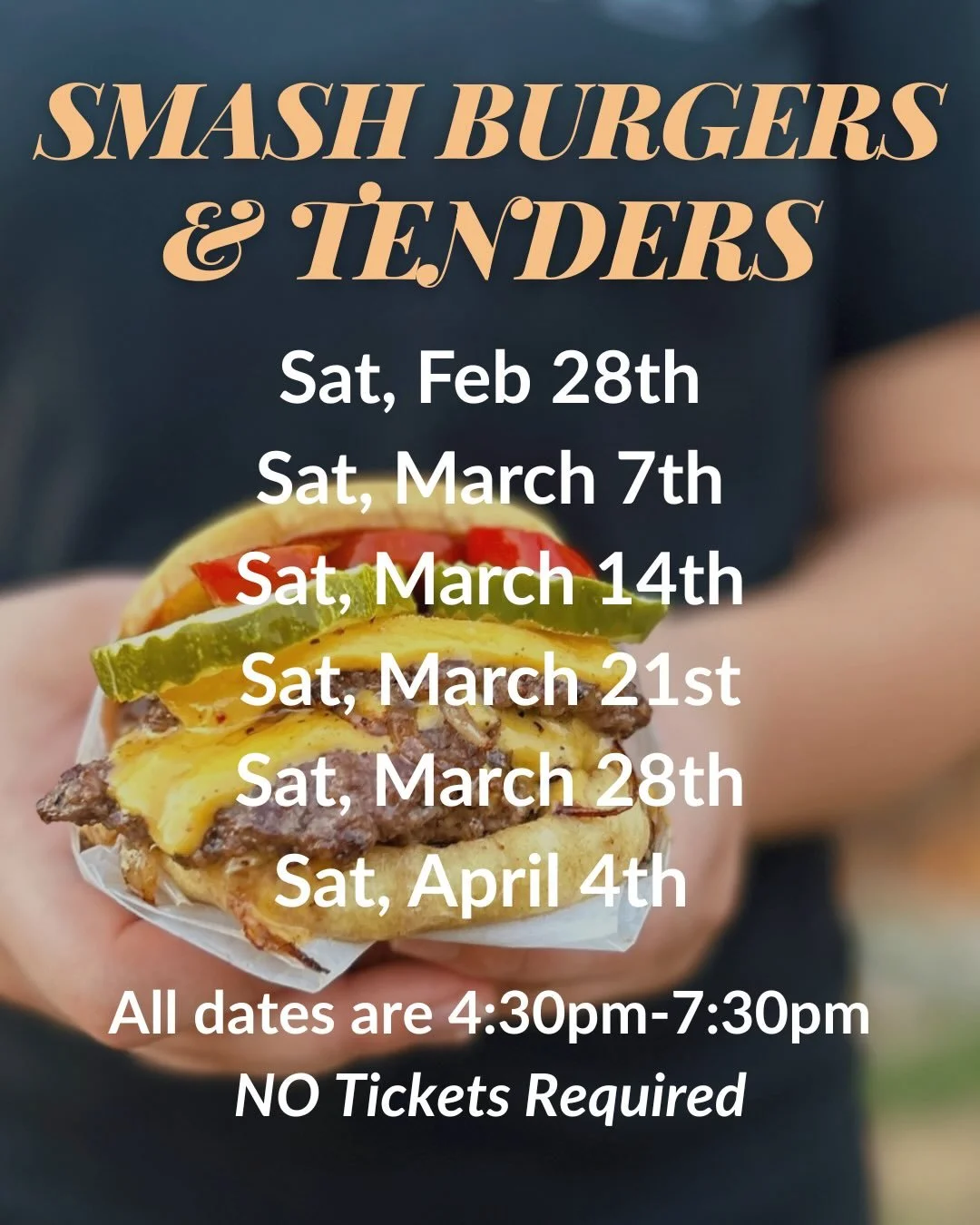 Your favorite smash burgers are back starting THIS Saturday, February 28th!💥 

Join us on Saturday nights for a family-friendly dinner of Chef Steven&rsquo;s famous, mouth-watering Smash Burgers &amp; Chicken Tenders with our special Kindred Sauce p