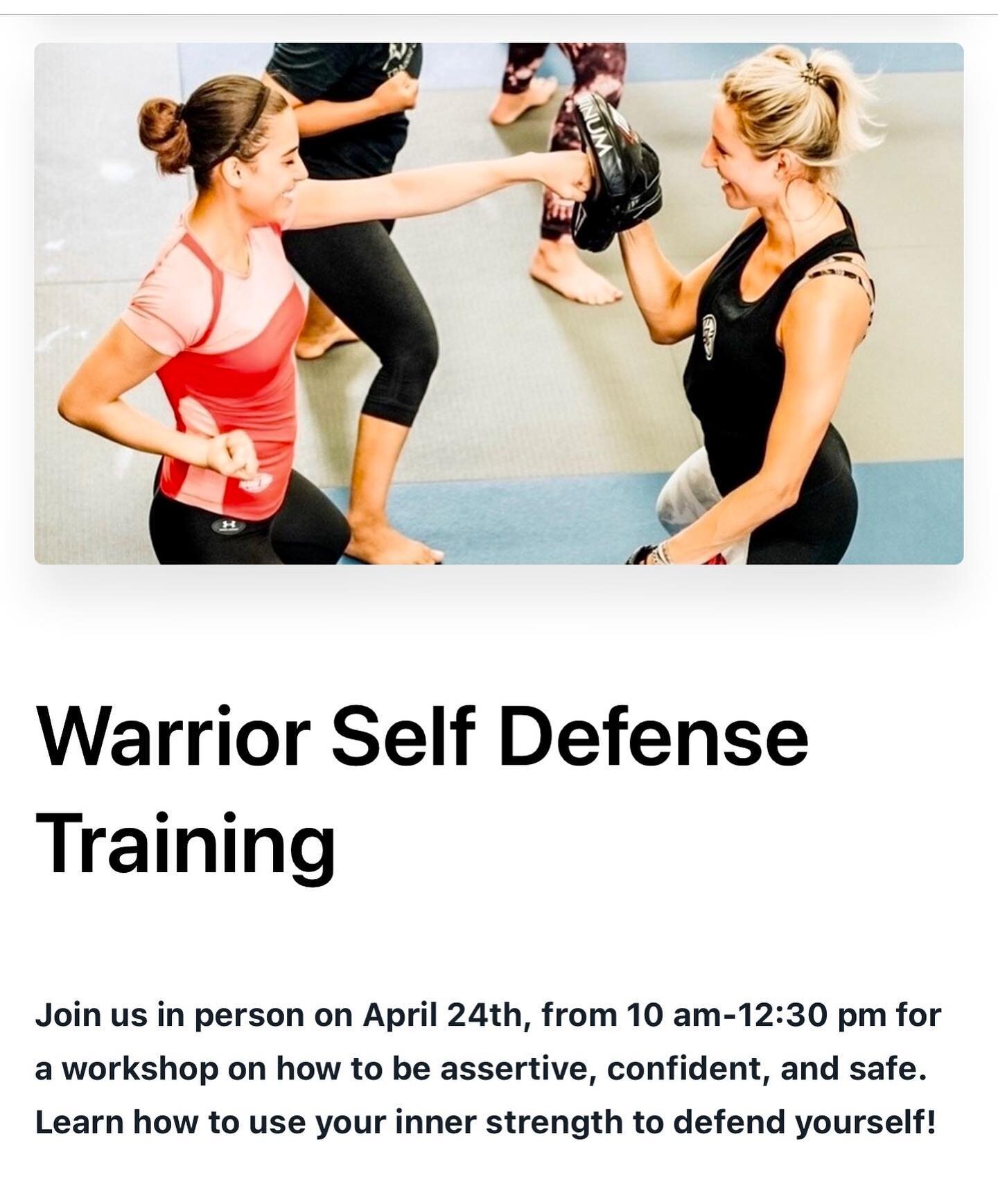 💥💥Warrior Defense Training💥💥

When: Sunday April 24, 2022
Time: 10:30 am - 12:30 pm
Where: Santa Barbara, CA
Who: All Women 13+ and Up

@innerwarriorproject and @women_who_warrior  team up! 

Bringing Mothers, Daughters, Entrepreneurs, Boss Babes