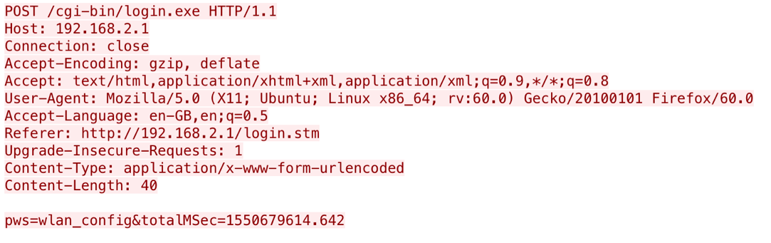 Figure 6: Shows an authentication HTTP request using the hardcoded “wlan_config” credentials