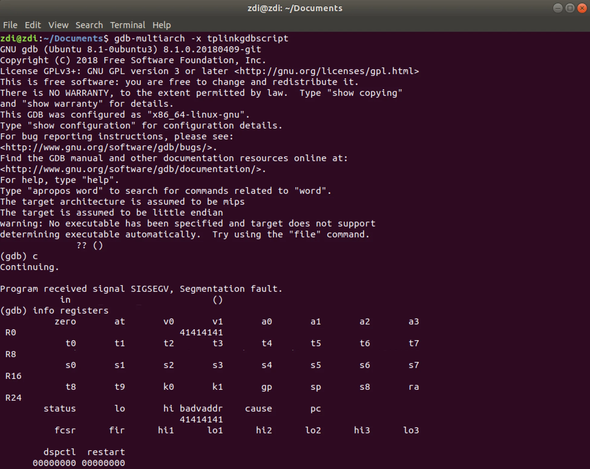 Figure 22 - Output from GDB Session Crash