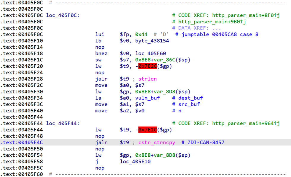 Figure 1 - Disassembly of the vulnerable “http_parser_main()” function.