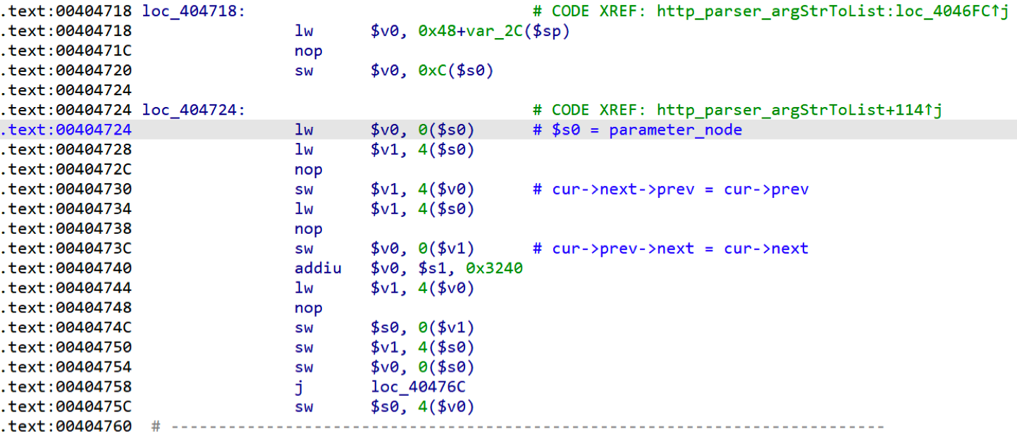 Figure 2 - A snippet of the disassembled “http_parser_argStrToList()” function.