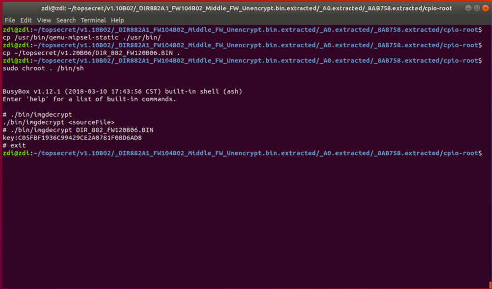 Figure 10: Using QEMU to perform a cross-architectural chroot and decrypt the firmware