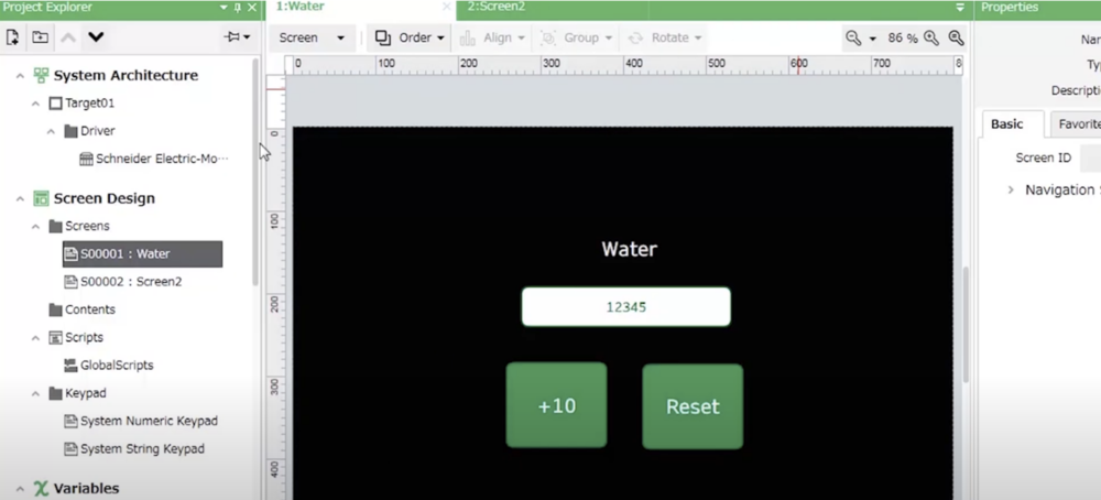 Figure 1 - Designing a water-flow control with EcoStruxure Control Terminal Expert. Image taken from Schneider’s tutorial