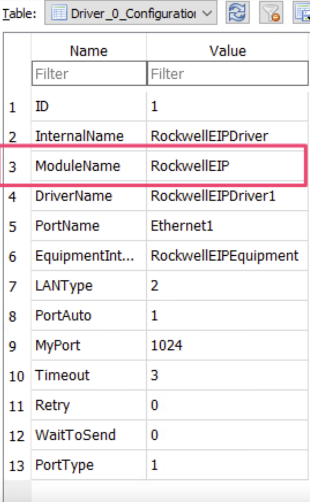 Figure 5 - SQLite3 viewer with the DriverConfig.db database opened. The ModuleName field is the name of the driver DLL that will get loaded and handle the communication between the HMI and the PLC