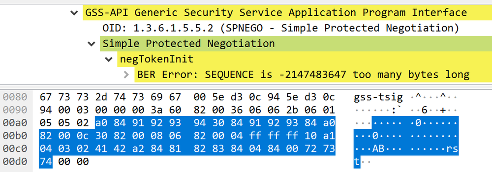 Figure 1 - Wireshark view of the crafted SPNEGO request
