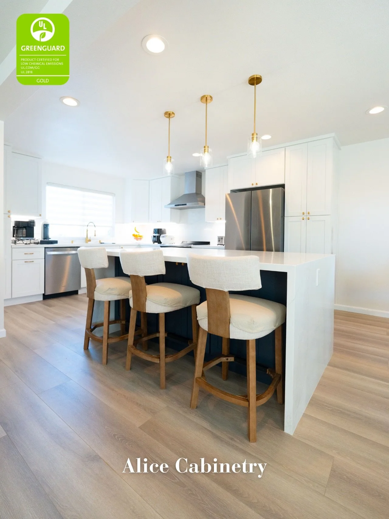 A white kitchen doesn&rsquo;t have to feel plain &mdash; a blue island and thoughtful storage details make all the difference.

This kitchen features Snow Birch &middot; Classic Shaker Style Framed Cabinets as the main cabinet color, creating a clean