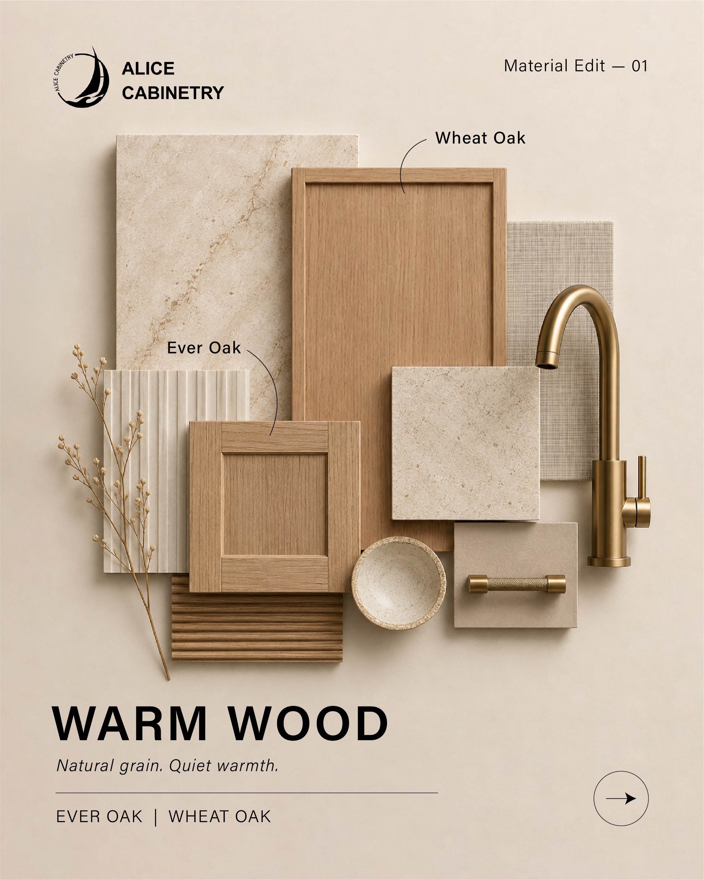 Material Edit: 3 Palettes, 3 Moods. 

From the natural warmth of wood to soft neutrals and bold contrast, the right cabinet finish can shape the entire feel of a space.

🤎 01 &mdash; Warm Wood
 Ever Oak &times; Wheat Oak
 Natural grain and warm tone
