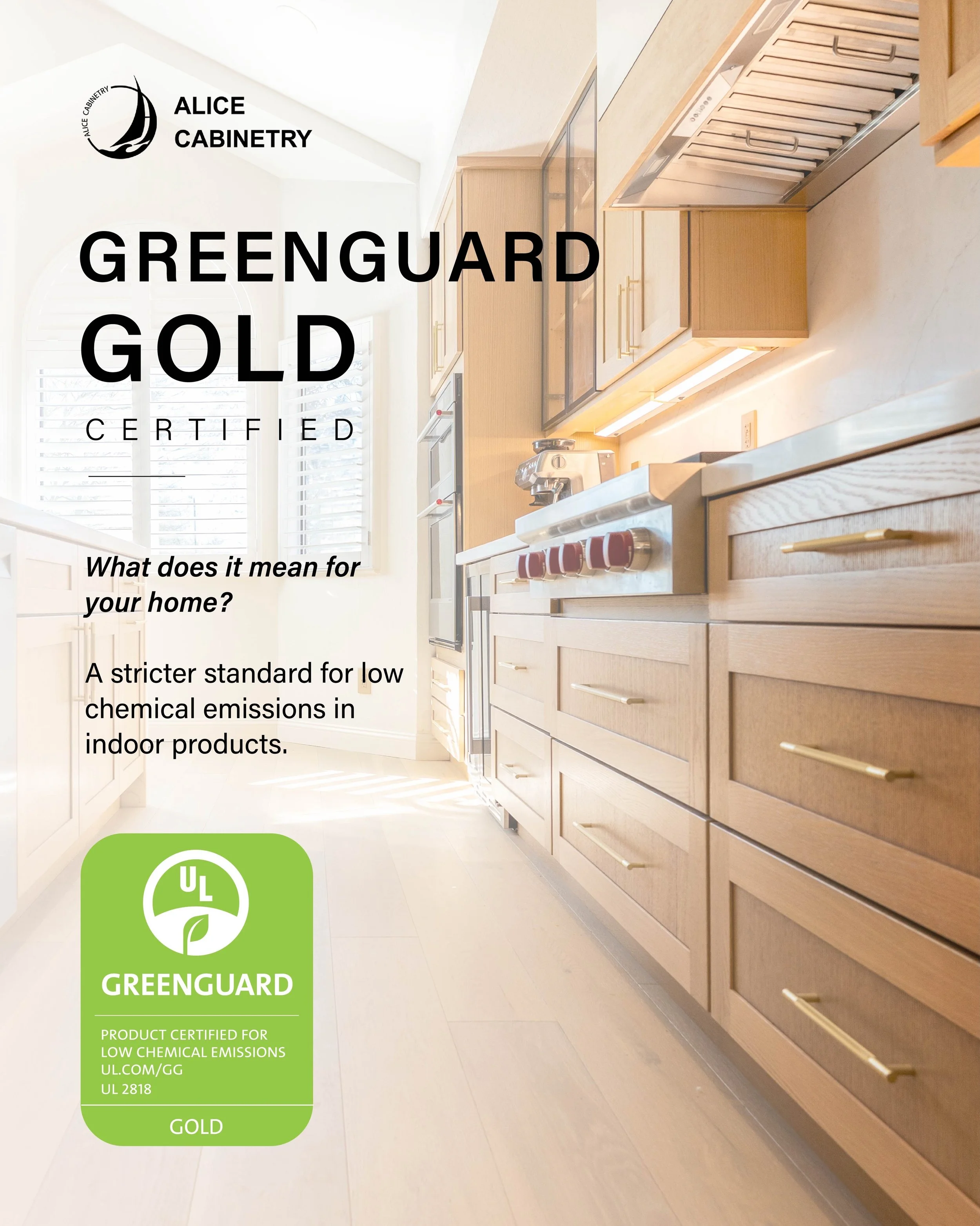 Our GREENGUARD GOLD Certification 🌿

Beautiful cabinetry should be designed with more than just style in mind.

Alice Cabinetry is GREENGUARD GOLD Certified, meeting strict standards for low chemical emissions and helping support better indoor air q