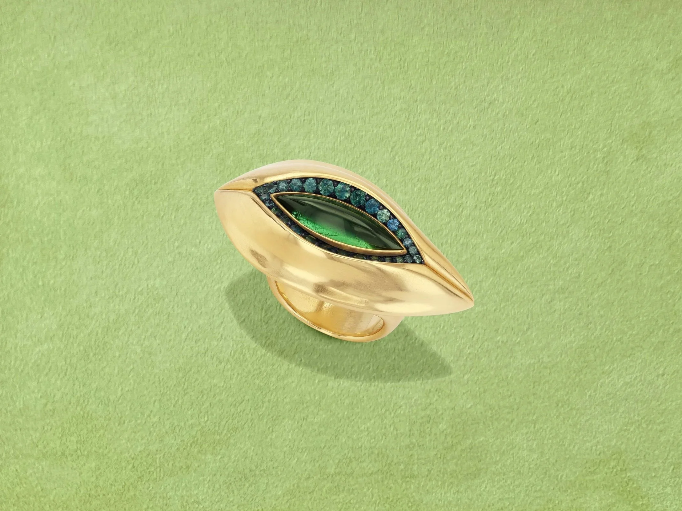 One-of-a-kind VRAM Iota Ring: Green Tourmaline and Green Sapphires 