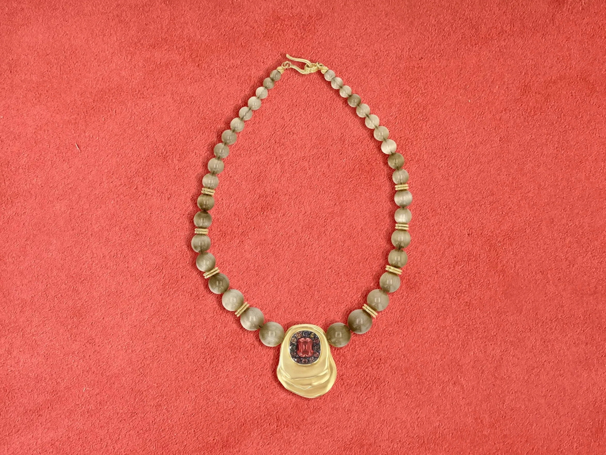 One-of-a-kind VRAM Meru V Necklace: Garnet, Sapphires, and Cat's Eye Quartz