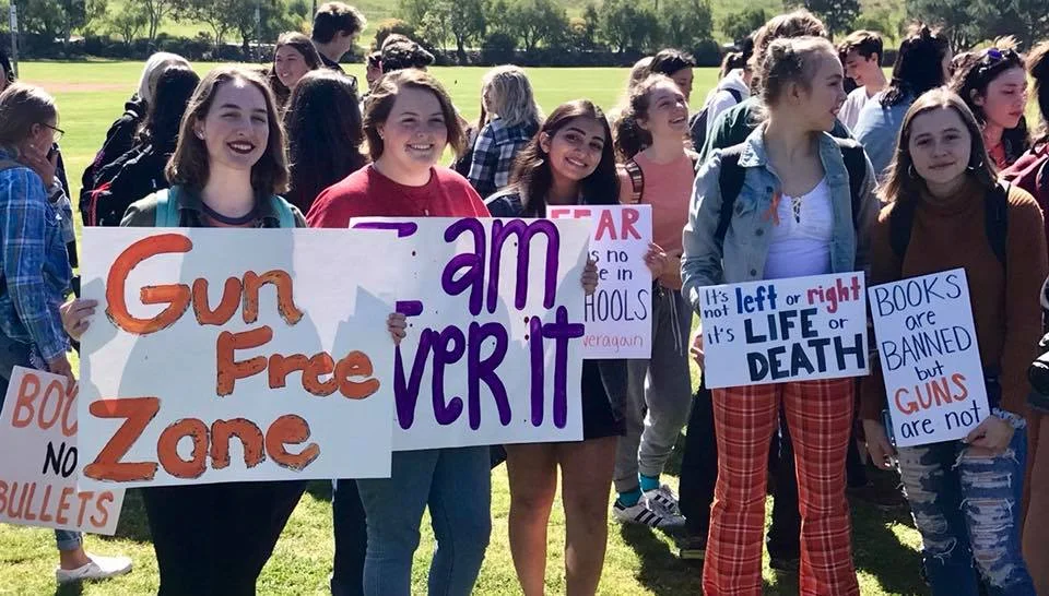 Nearly 100 students from Newbury Park High School walked out on April 20 and protested gun violence at a nearby park. Students at La Reina and Calabasas high schools held rallies on campus, while students from more than a dozen schools across the region gathered to create "human letters" spelling out "#WeNeedSafeSchoolsNow!" 