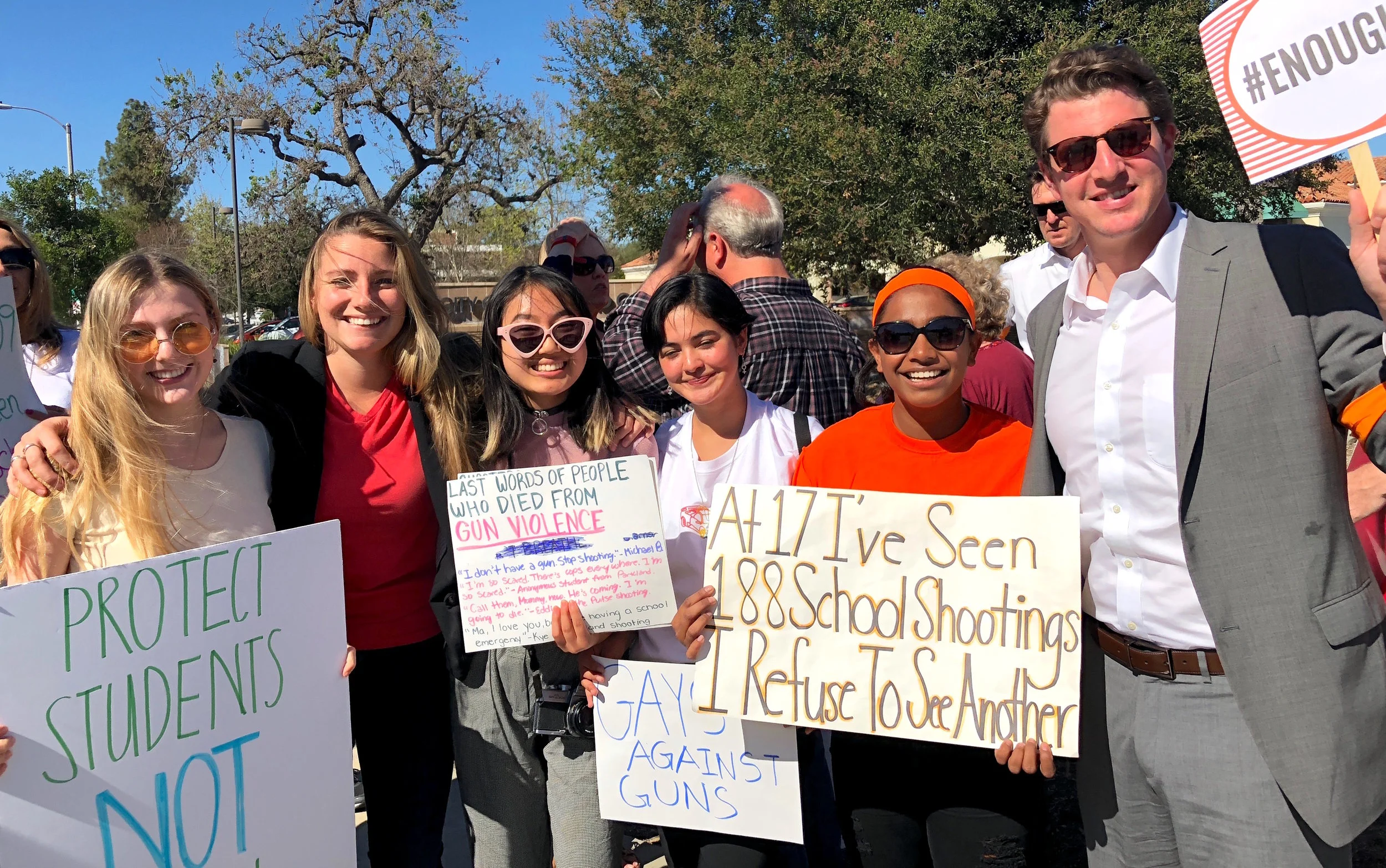Sen. Henry Stern (right) and a number of Indivisible: Conejo activists joined a protest sponsored by UACT, the teachers union for the Conejo Valley USD, after school on 4/20. 