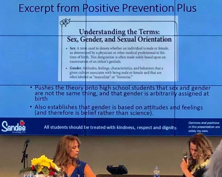 CVUSD trustee Sandee Everett (bottom right) dismisses the science of transgender identity during the August 10 "Christian alternatives to public education" forum at Pastor-Mayor Rob McCoy's Godspeak chapel.