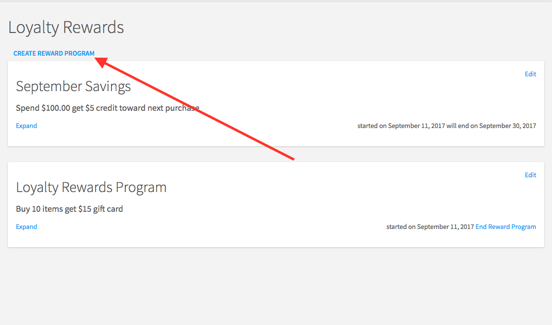 Screen shot showing the link to click to create a new rewards program while in the new "Rewards" feature. 