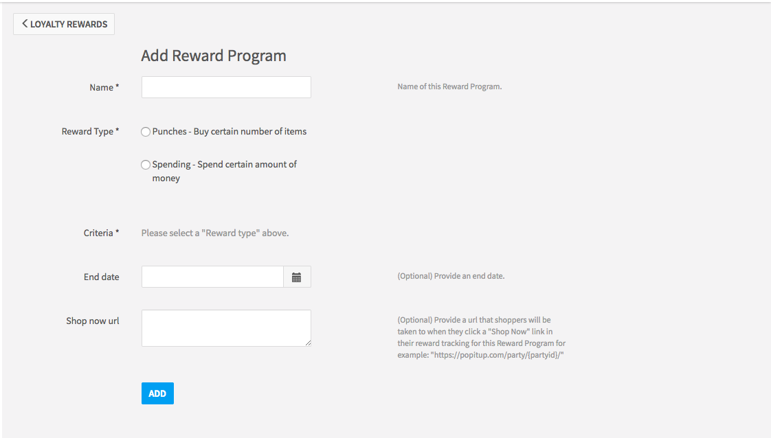 Screenshot of the options available when creating a new rewards program, including setting the Reward Type, End Date, and adding a "Shop now url". 