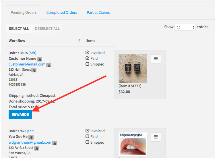 Screenshot of the Rewards button from the Orders page available to consultants that are processing customer orders.