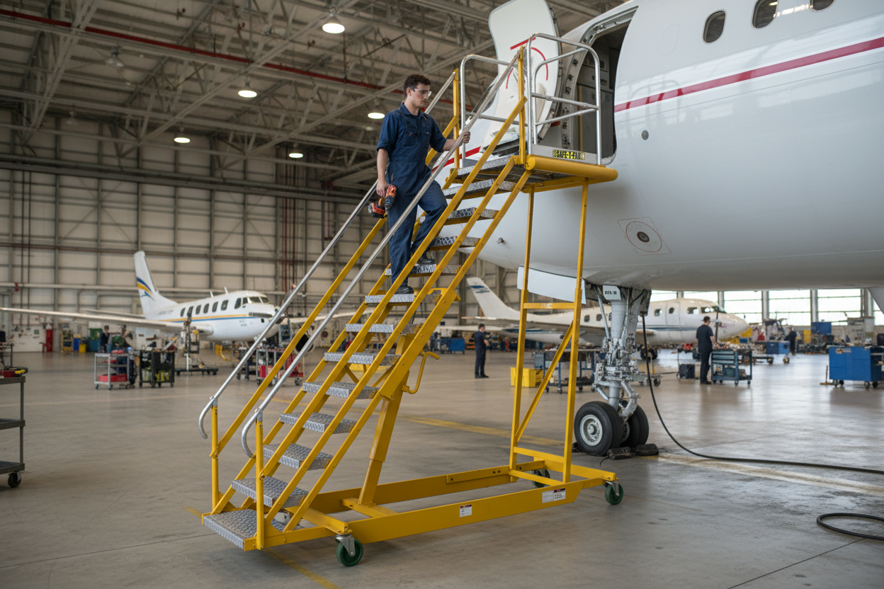 A SAFE-T-FAB adjustable-height mobile maintenance stair in yellow, positioned at the door of a business jet.