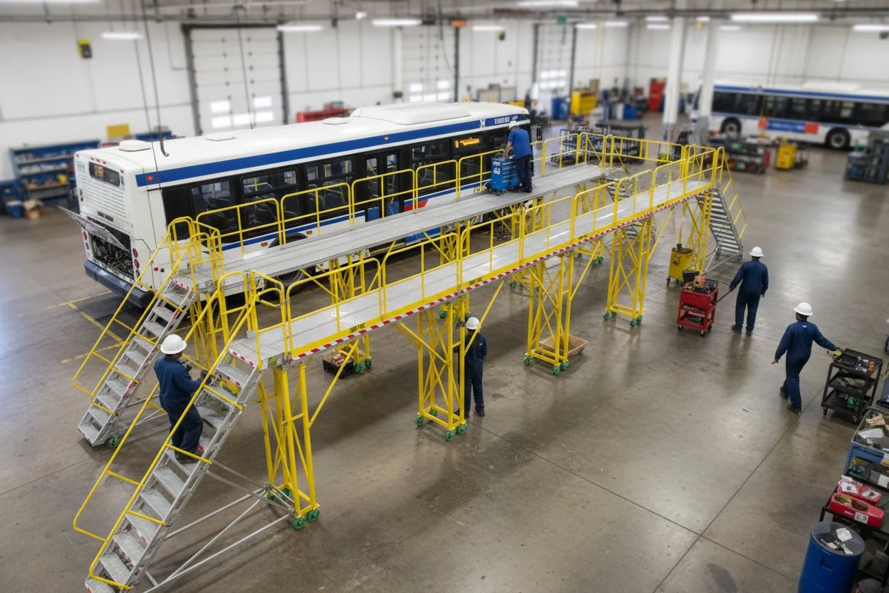 A SAFE-T-FAB elevated access platform system alongside a transit bus for roof-level working access.