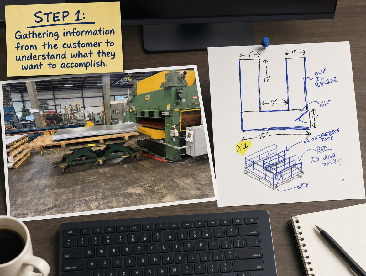 A customer’s hand sketch of a U-shaped platform, dimensioned in blue marker with railing and gate marked, laid on a desk beside a photograph of the machine it has to reach.