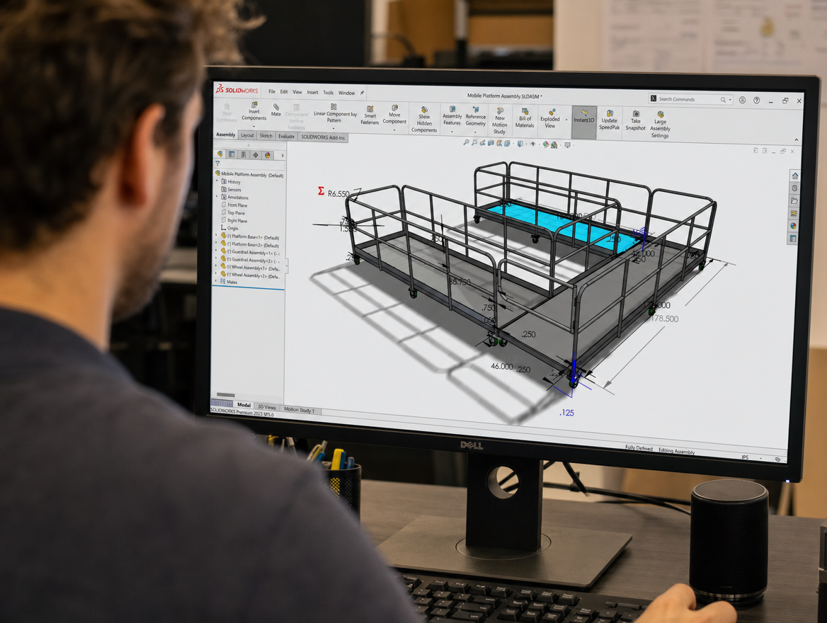 A SAFE-T-FAB designer modelling the mobile platform assembly in SolidWorks, the guardrails and deck fully dimensioned on screen.