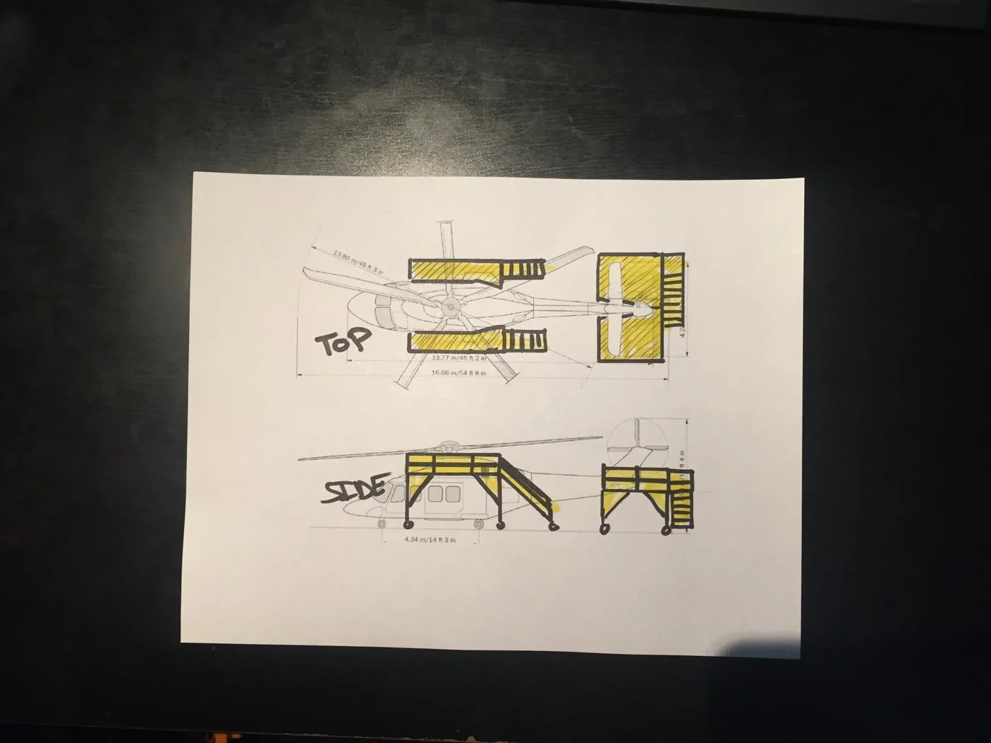 A customer’s hand sketch of an access platform, drawn in plan and side view with the deck marked in yellow highlighter — the level of detail SAFE-T-FAB needs to start a design.