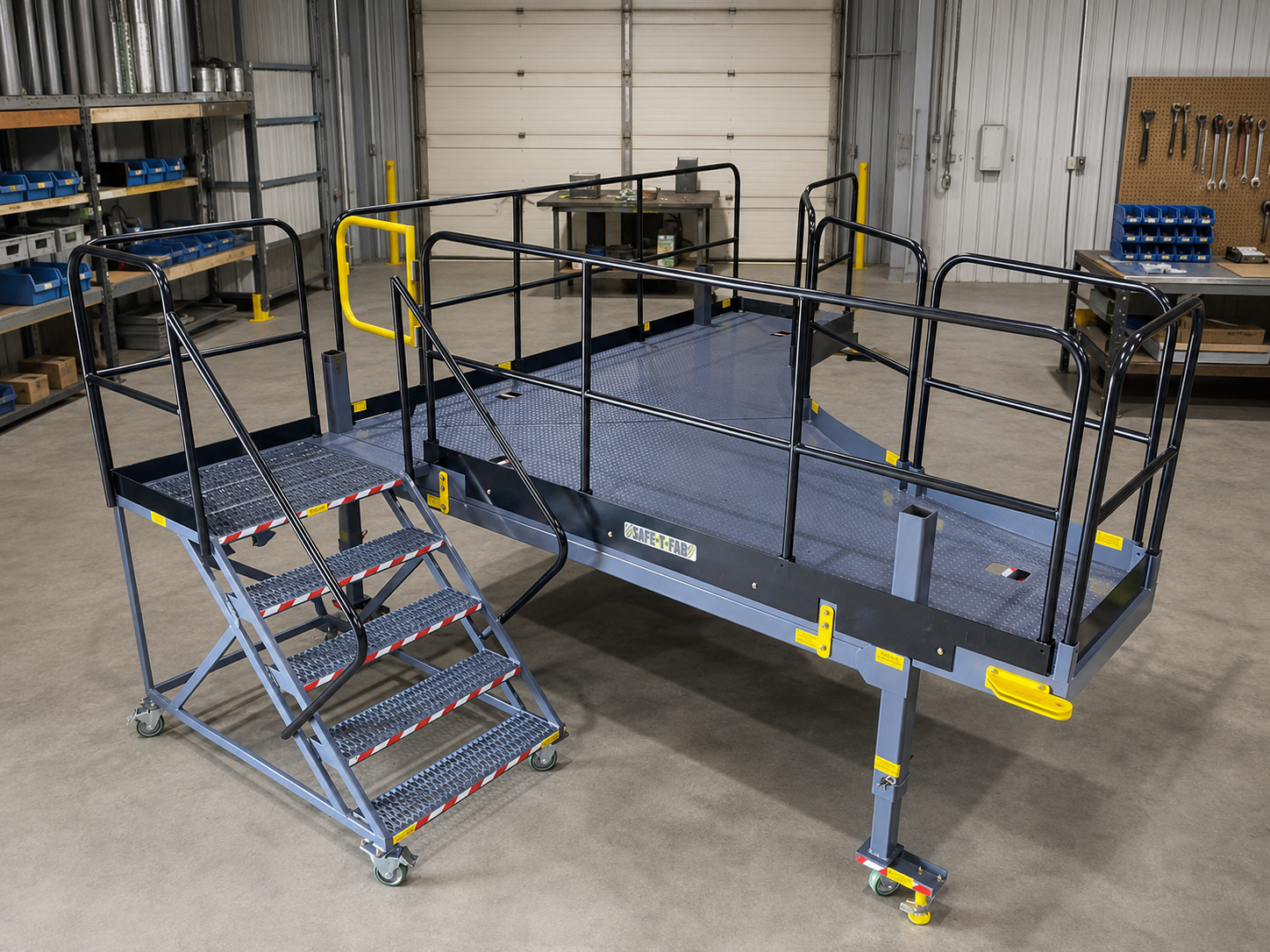 A SAFE-T-FAB mobile work platform on the shop floor — a wide diamond-plate deck inside black guardrails with a yellow self-closing gate, reached by a stair with grip-strut treads and red-and-white hazard nosing, riding on locking casters and screw-down leveling jacks.
