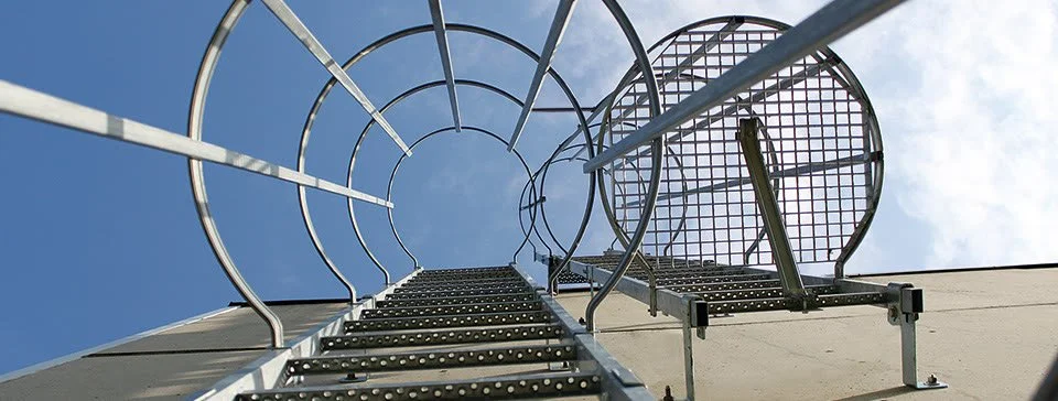 View looking up a caged SAFE-T-FAB fixed ladder mounted to an exterior structure against open sky.