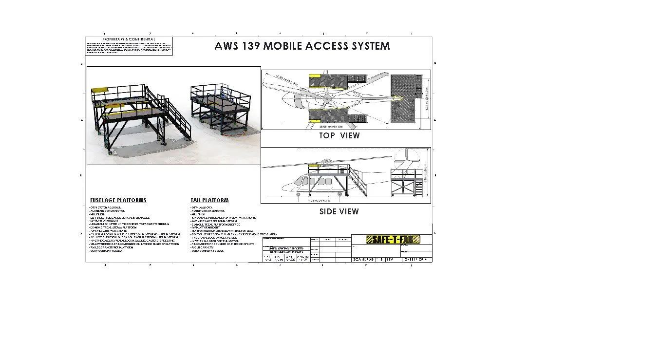 A SAFE-T-FAB approval drawing of an aircraft maintenance stand system, dimensioned and ready for customer sign-off.
