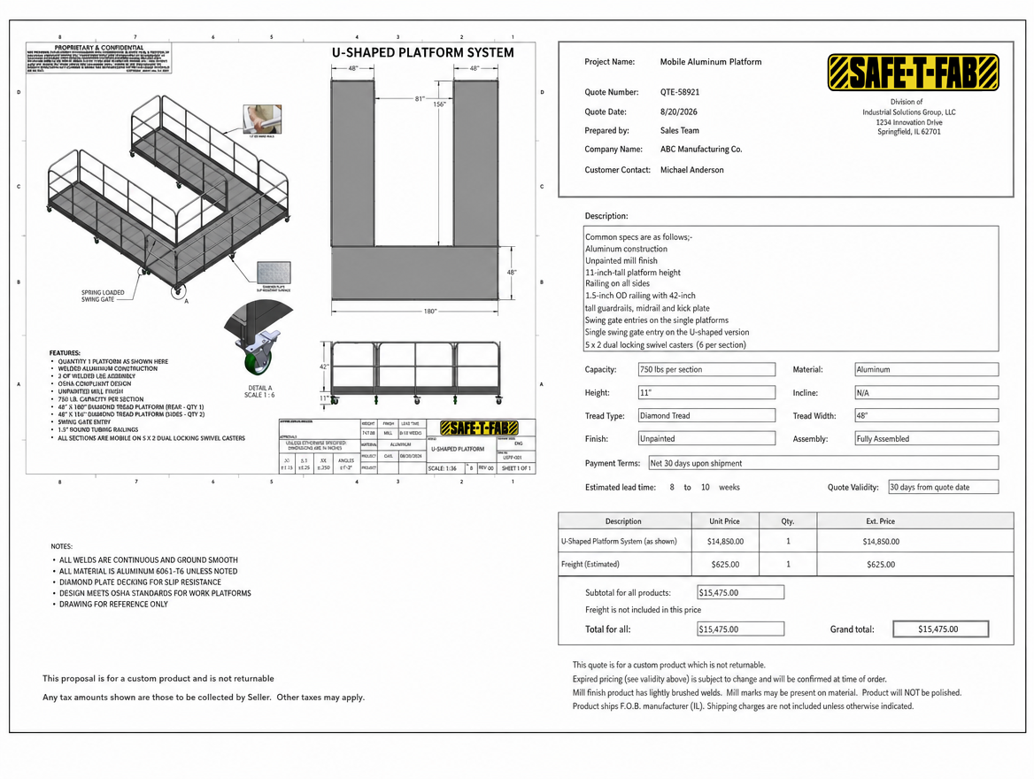 A SAFE-T-FAB approval drawing and quotation sheet — plan and isometric views, full specification table, capacity, finish and lead time, ready for customer sign-off.