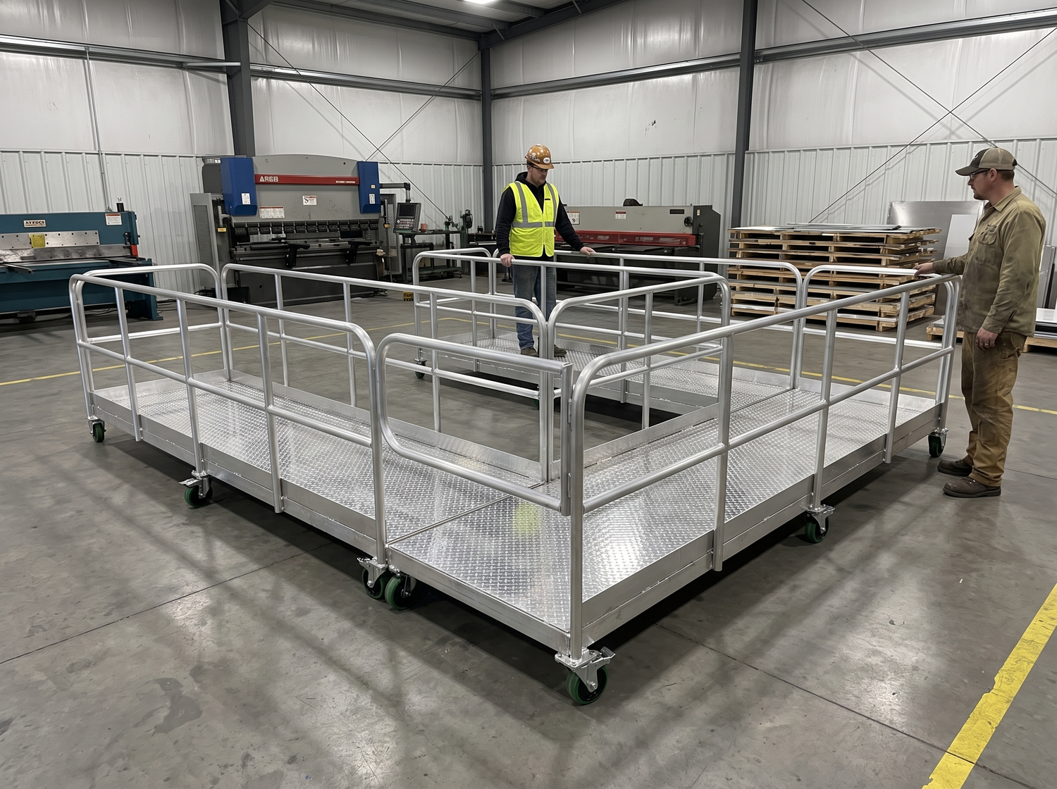 The finished aluminium mobile platform on the SAFE-T-FAB shop floor, two of the build team checking the guardrails before it ships.