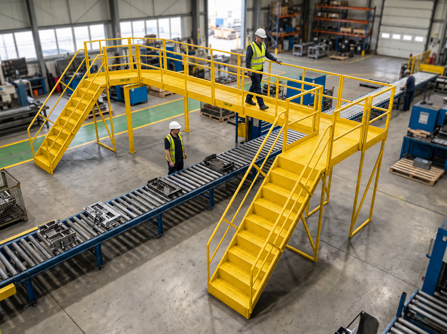A yellow SAFE-T-FAB crossover with stairs at both ends bridging a roller conveyor line in a machine shop, a worker crossing at the top.